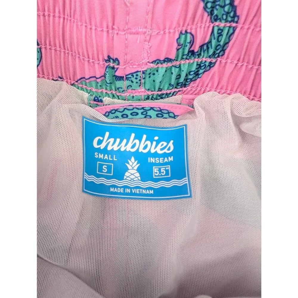 Chubbies Men's Small Glades Pink/Green Alligator Swim Shorts - Mesh Lined Brief